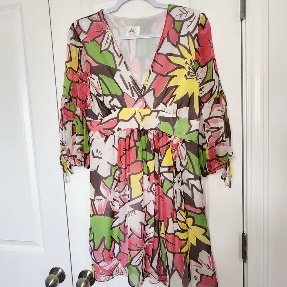 Milly Floral Print Dress Sheer Long Sleeve V Neck Multicolor Size S